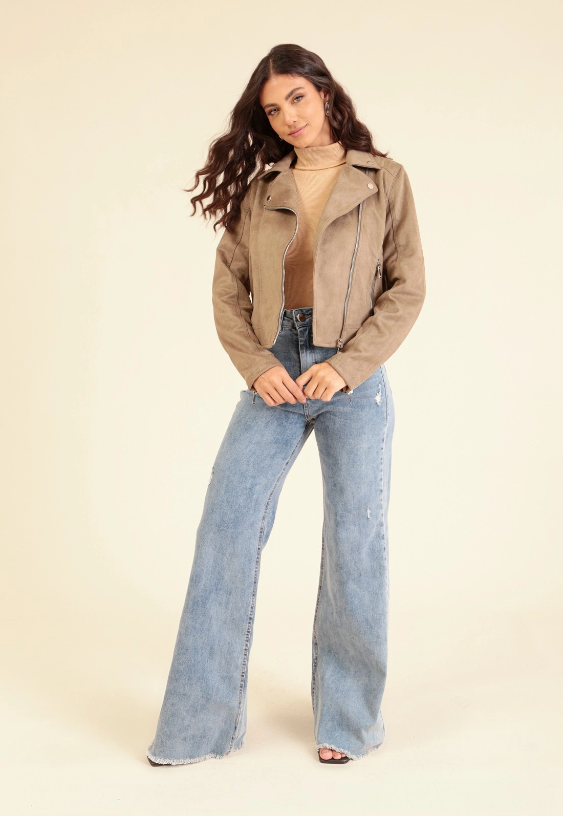 Jaqueta Biker Em Suede Com Zíper E Bolso