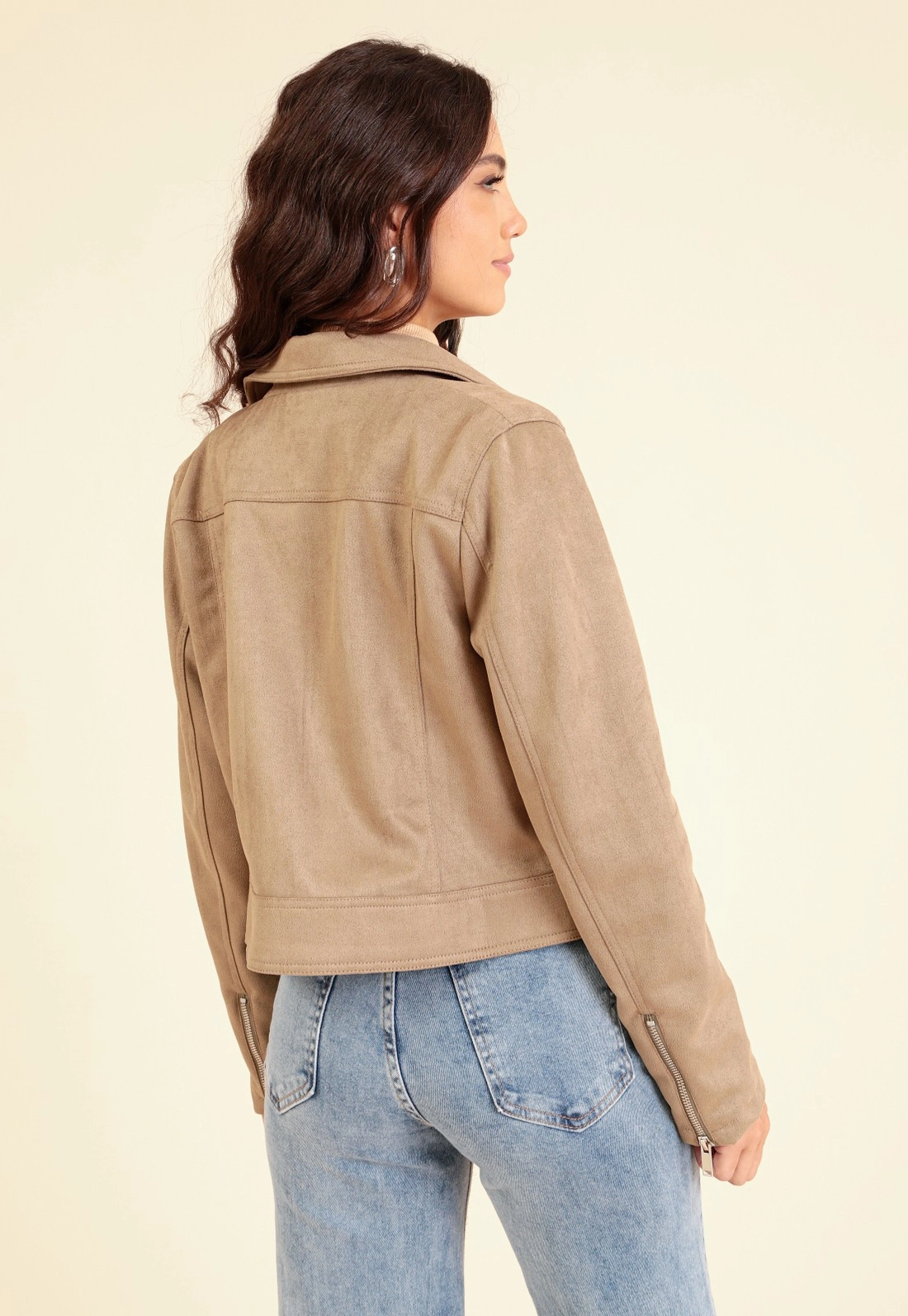 Jaqueta Biker Em Suede Com Zíper E Bolso