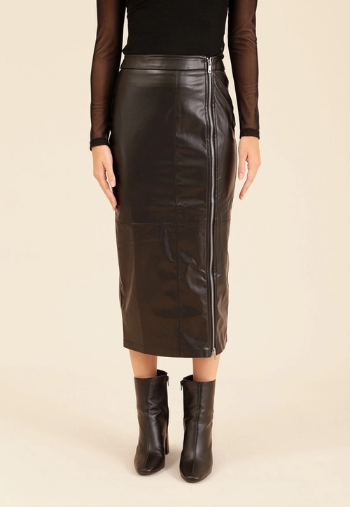 Saia Midi Em PU Com Zíper Lateral