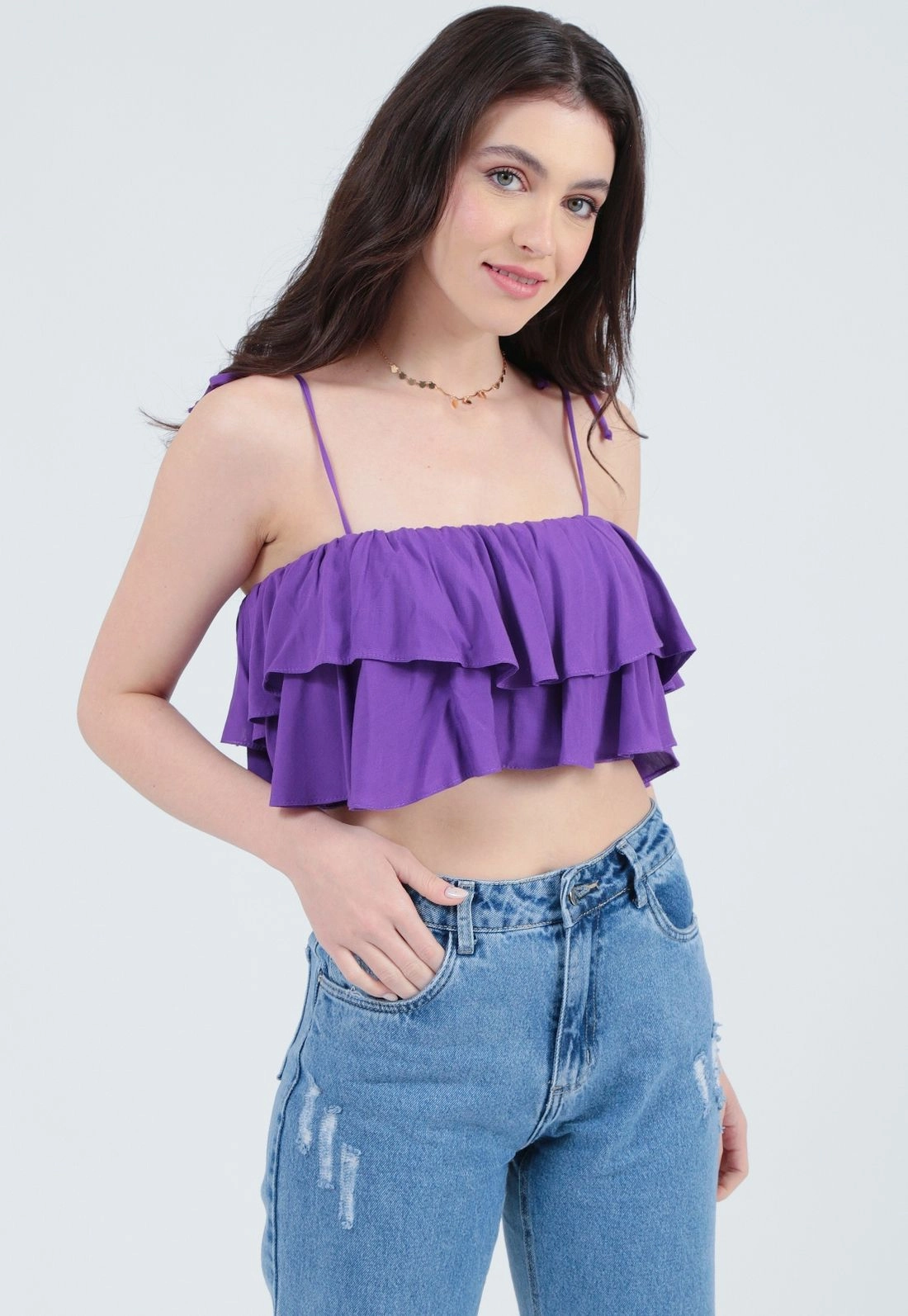 Cropped Viscolinho Babado Alça