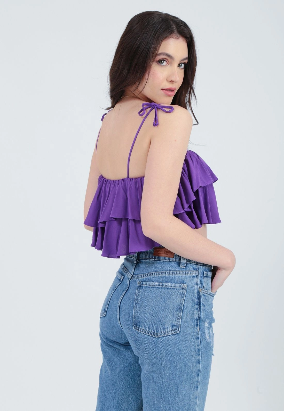 Cropped Viscolinho Babado Alça