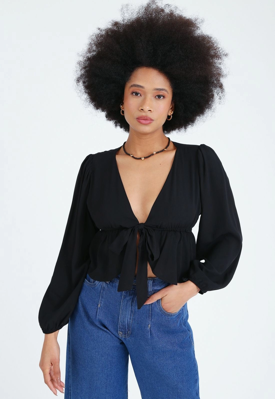 Blusa Viscolinho Manga Longa Abertura