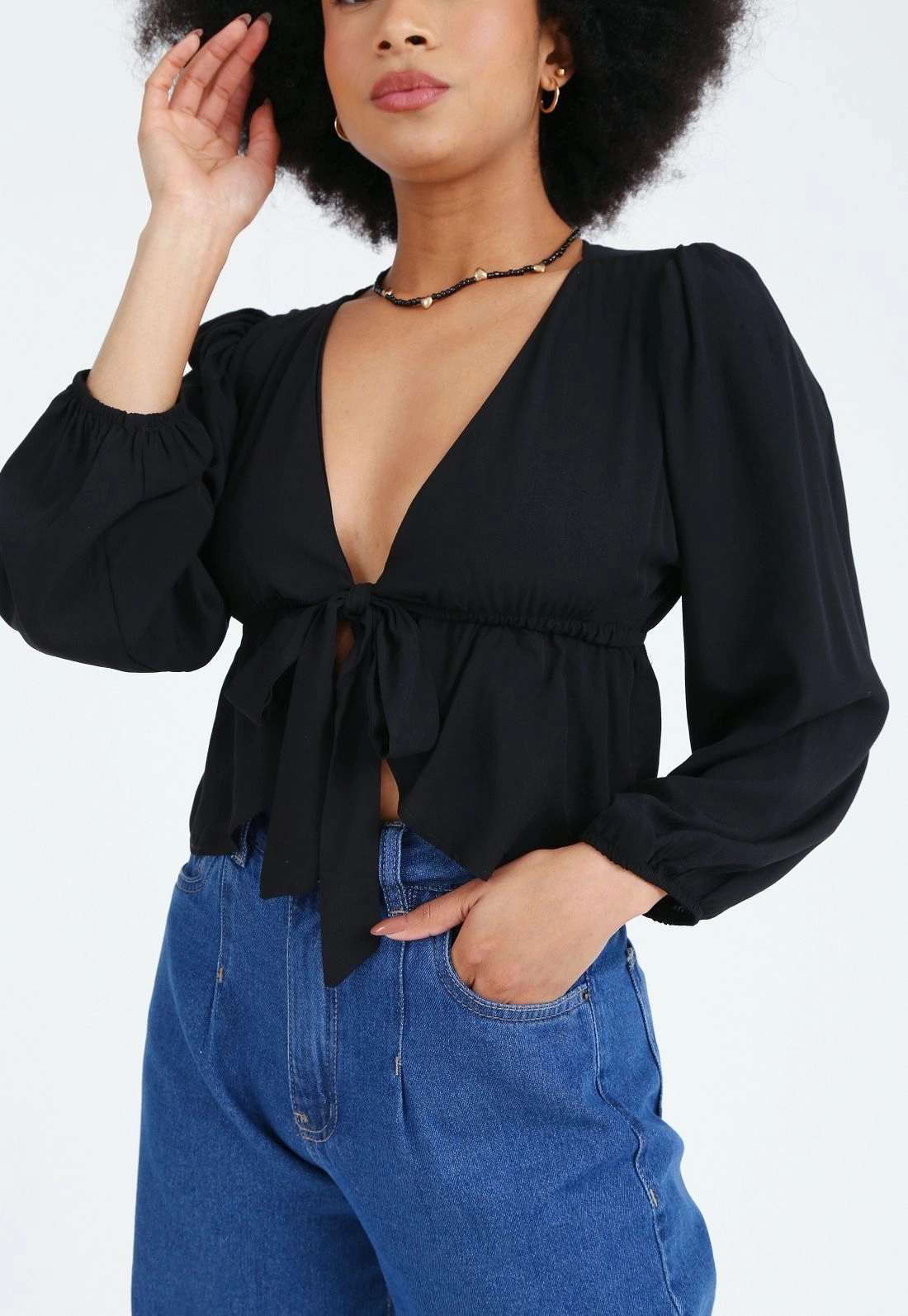 Blusa Viscolinho Manga Longa Abertura