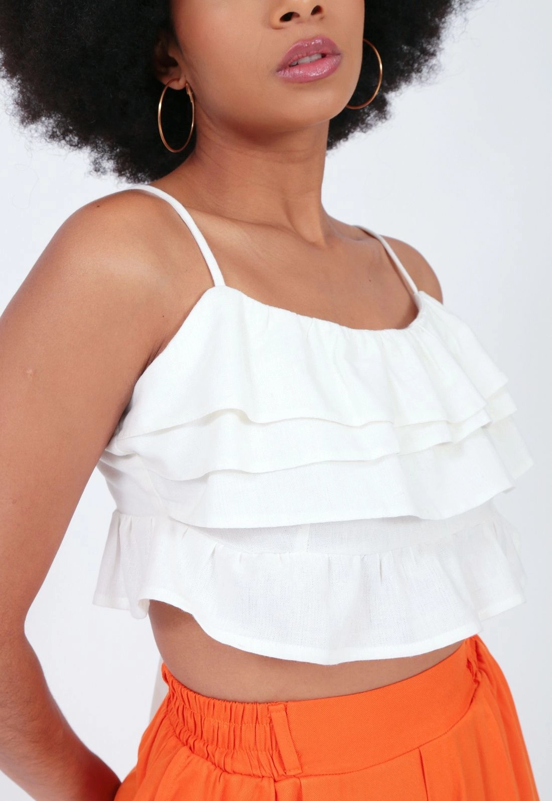 Cropped Linho Alça Babados