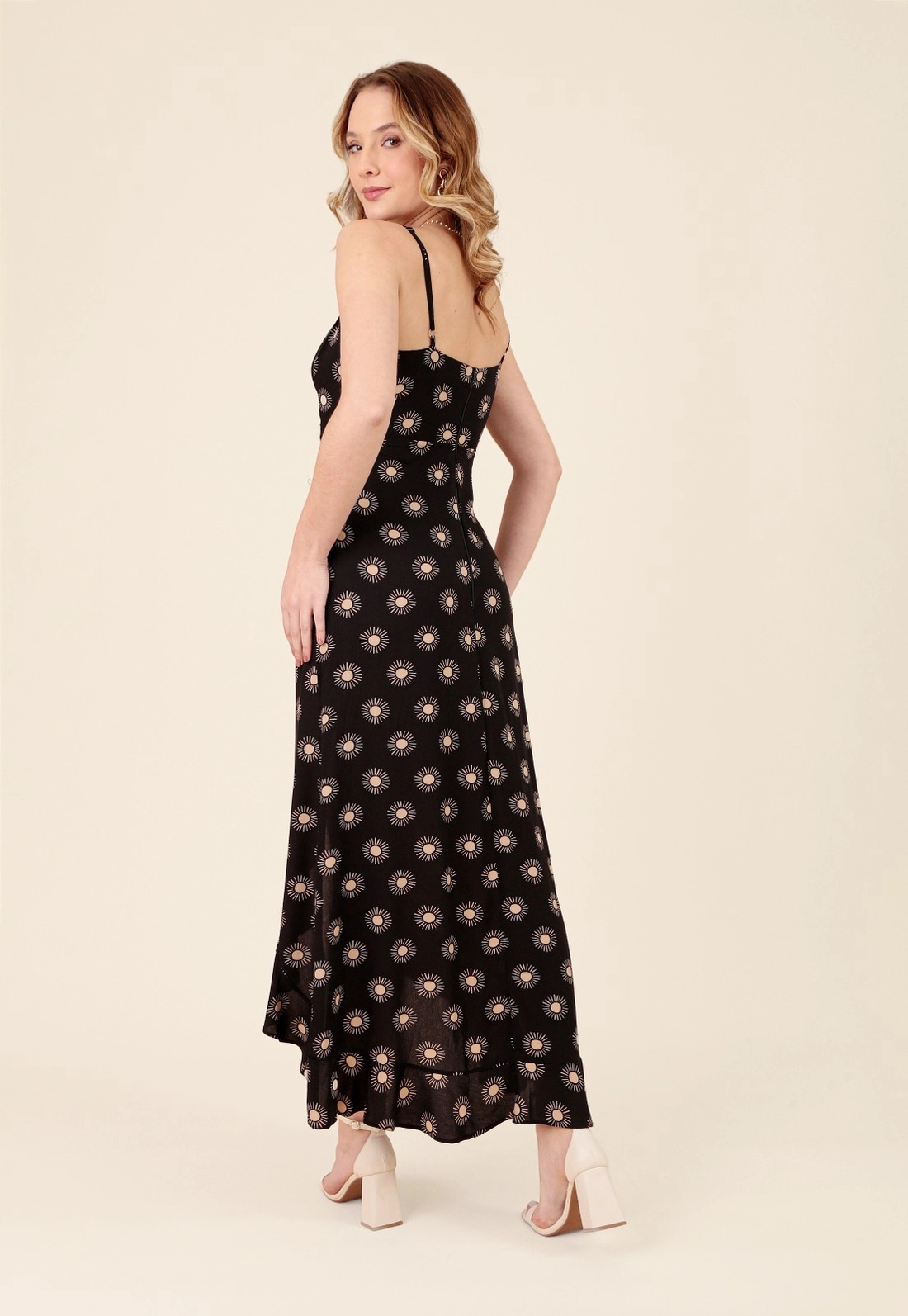 Vestido Midi Alça Com Babado Viscose Estampada Magia do Sol