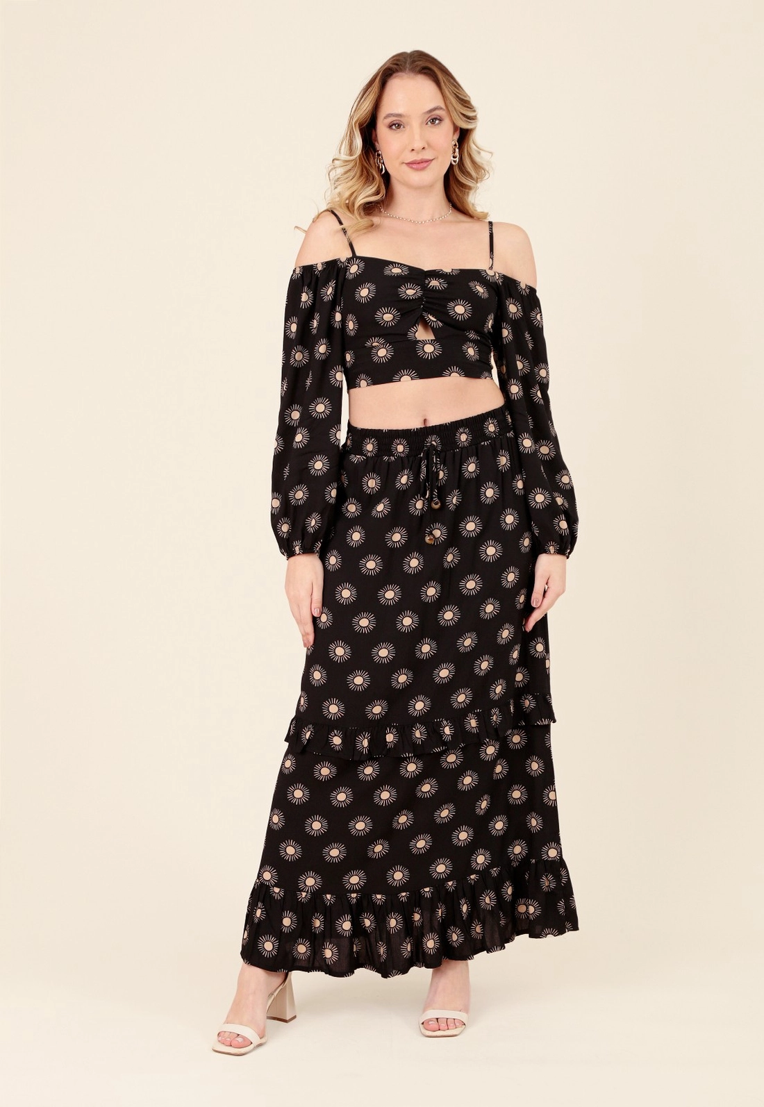 Saia Midi 2 Marias Em Viscose Estampada Magia do Sol