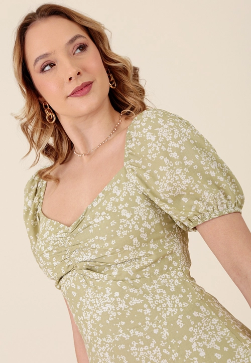 Vestido Midi Em Viscose Liberty Garden Manga Curta Com Fenda