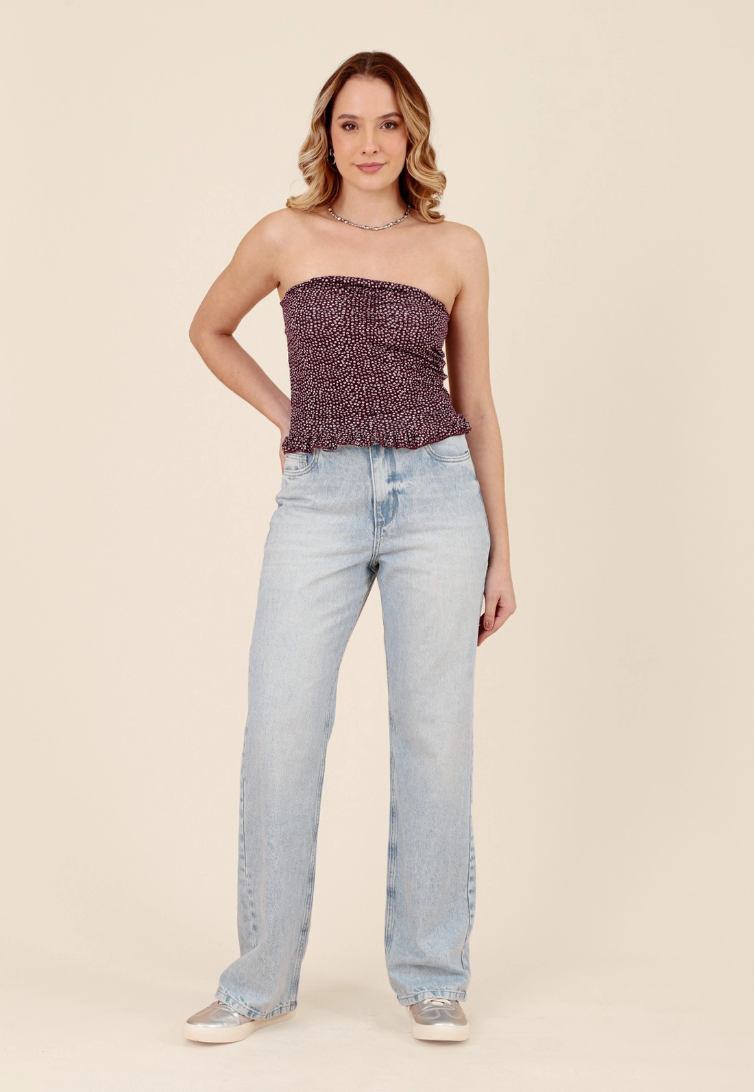 Blusa Em Malha Decote Reto Barra FruFru Mini Liberty
