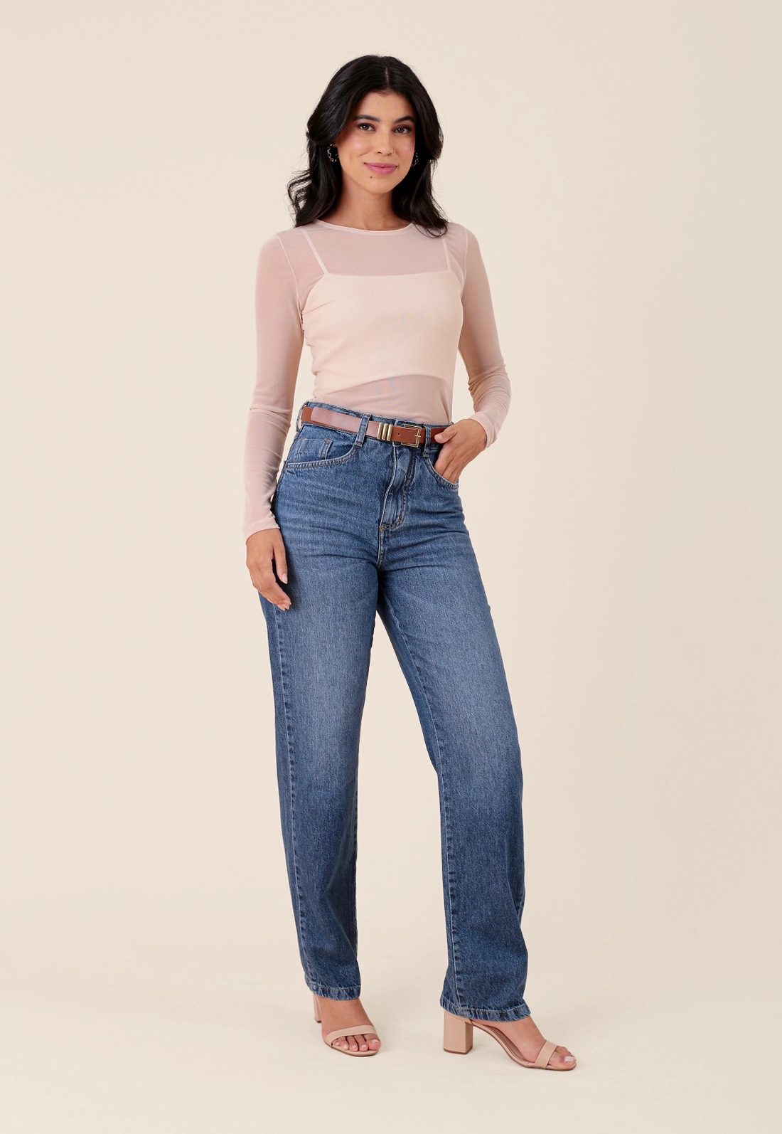 Blusa Em Tule Manga Longa Decote Redondo
