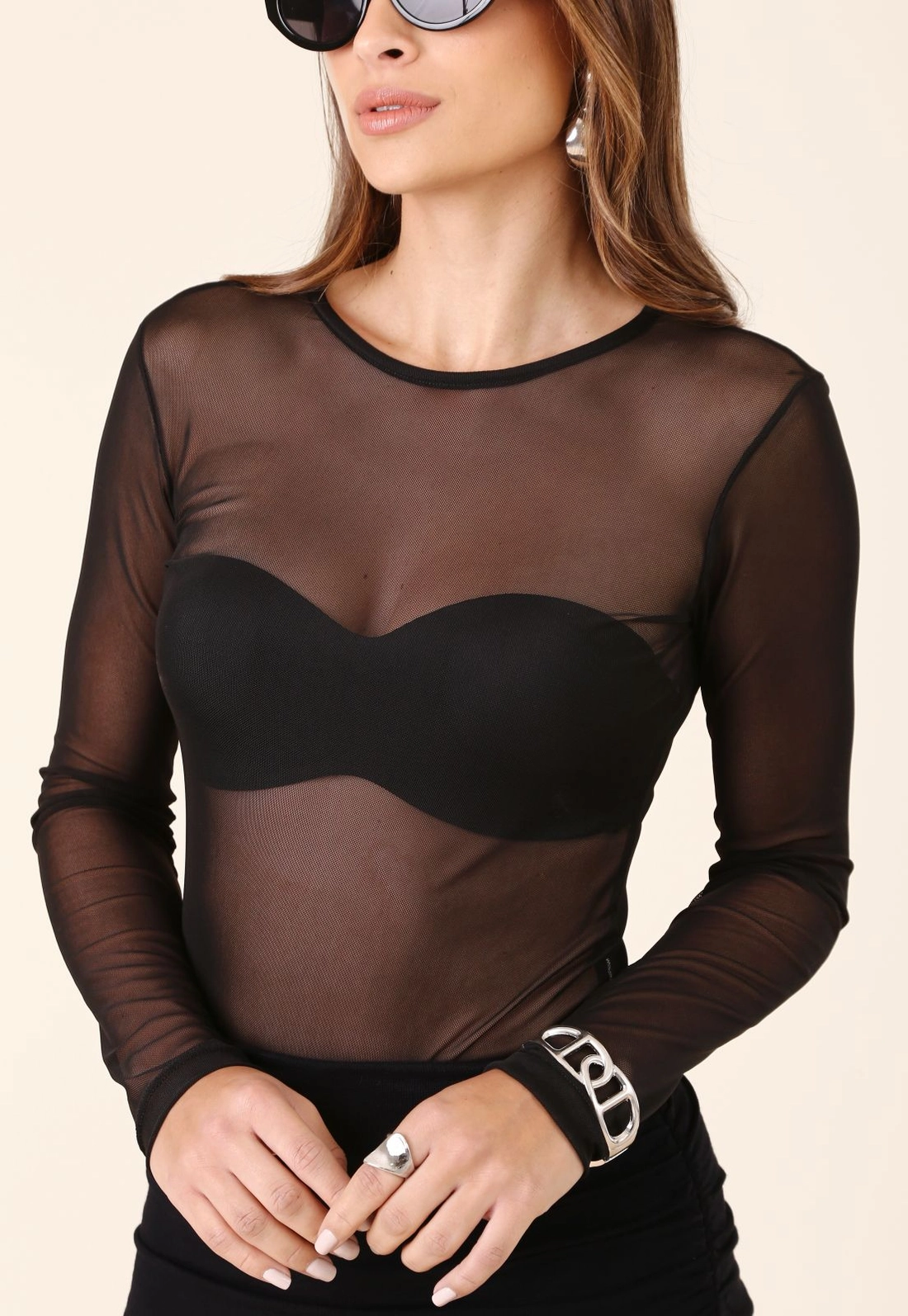 Blusa Em Tule Manga Longa Decote Redondo