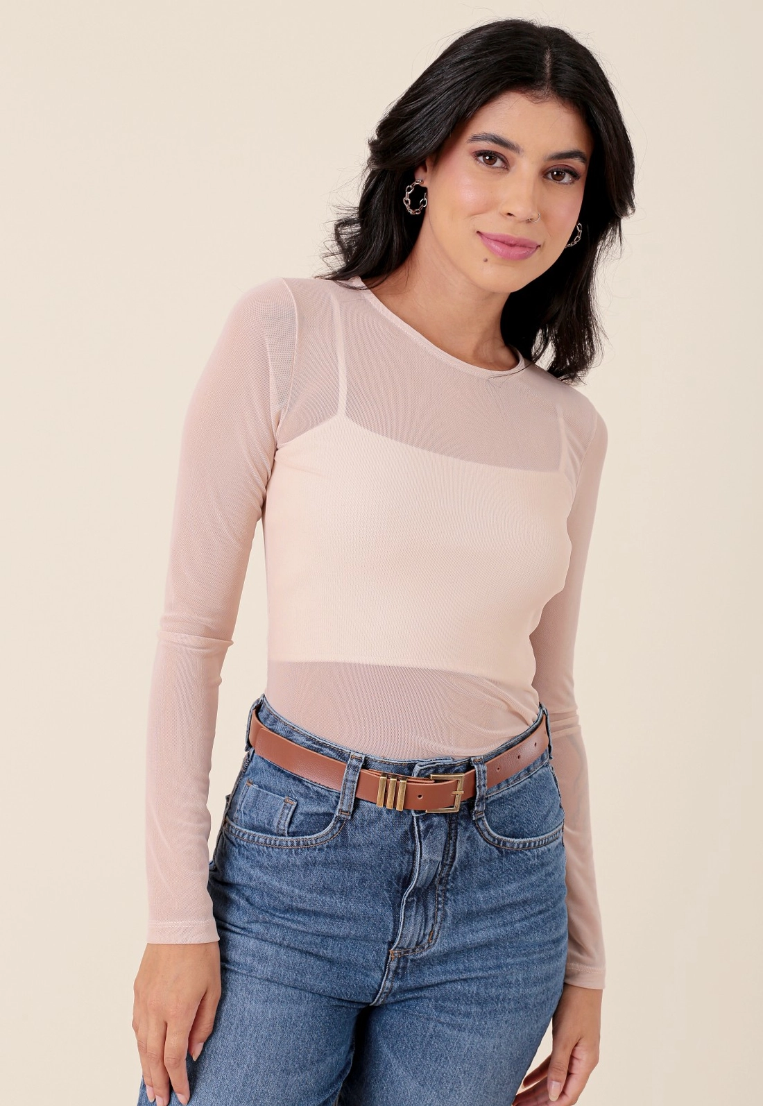 Blusa Em Tule Manga Longa Decote Redondo