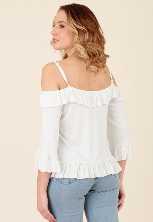 Blusa Em Malha Crepe Manga 3/4 Ombro Vazado Babados