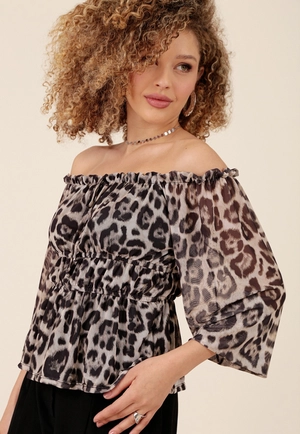 Blusa Em Tule Leopardo Manga 7/8 Ombro A Ombro