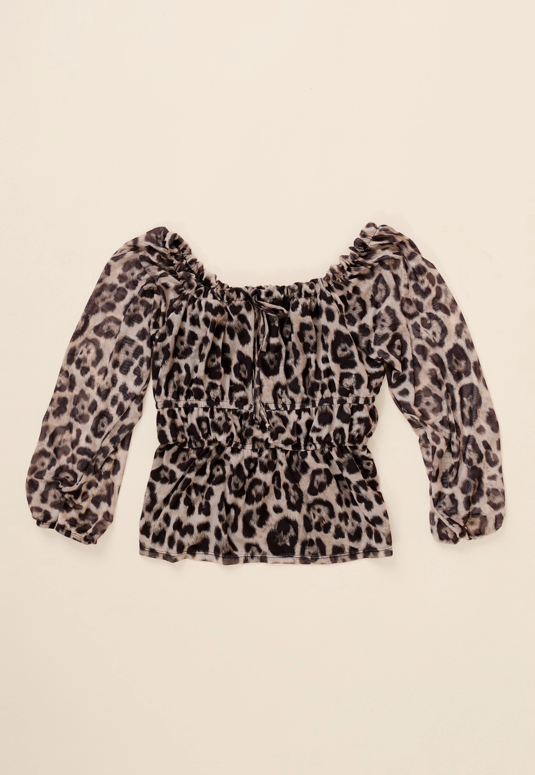Blusa Em Tule Leopardo Manga 7/8 Ombro A Ombro