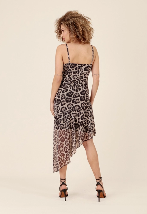 Vestido Midi Assimétrico Em Tule Leopardo