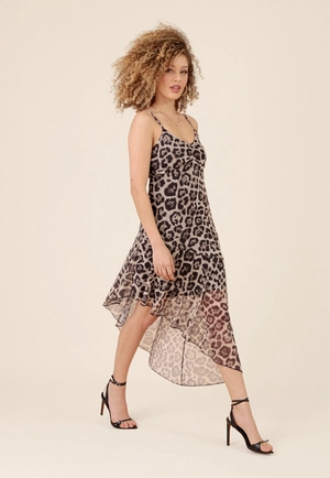 Vestido Midi Assimétrico Em Tule Leopardo
