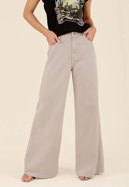 Calça Em Sarja Pantalona Bege