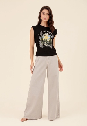 Calça Em Sarja Pantalona Bege