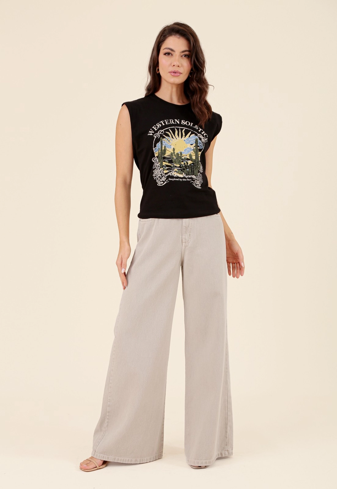 Calça Em Sarja Pantalona Bege