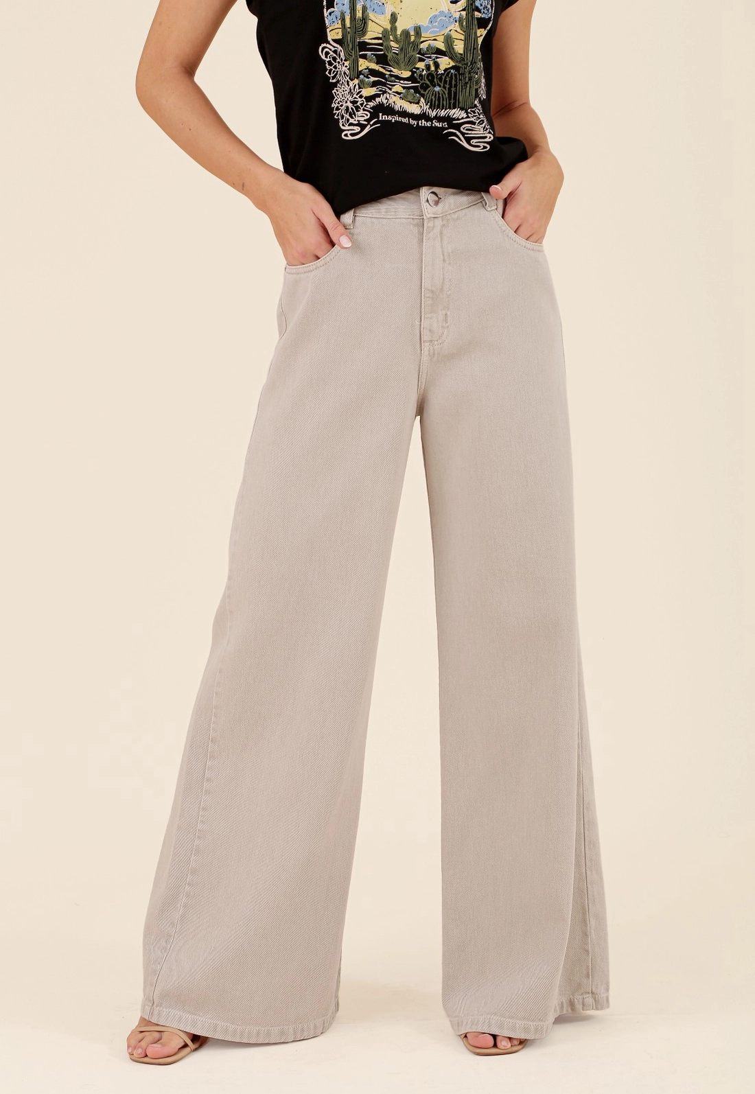 Calça Em Sarja Pantalona Bege