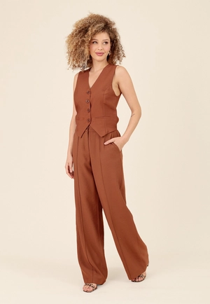 Calça Wide Leg Em Alfaiataria Bolso Faca Elástico Costas
