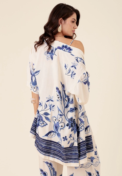 Kimono Em Viscose Manga Curta Jardim Azul