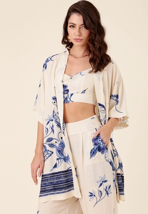 Kimono Em Viscose Manga Curta Jardim Azul