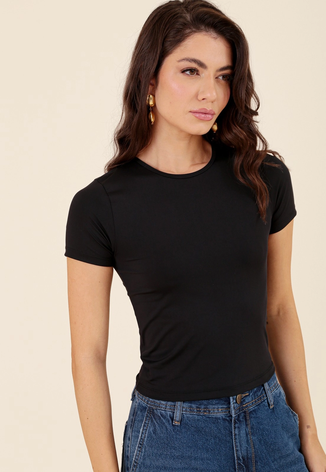 Blusa Básica Em Poliamida Manga Curta