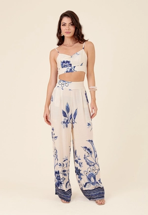Calça Wide Leg Em Viscose Jardim Azul