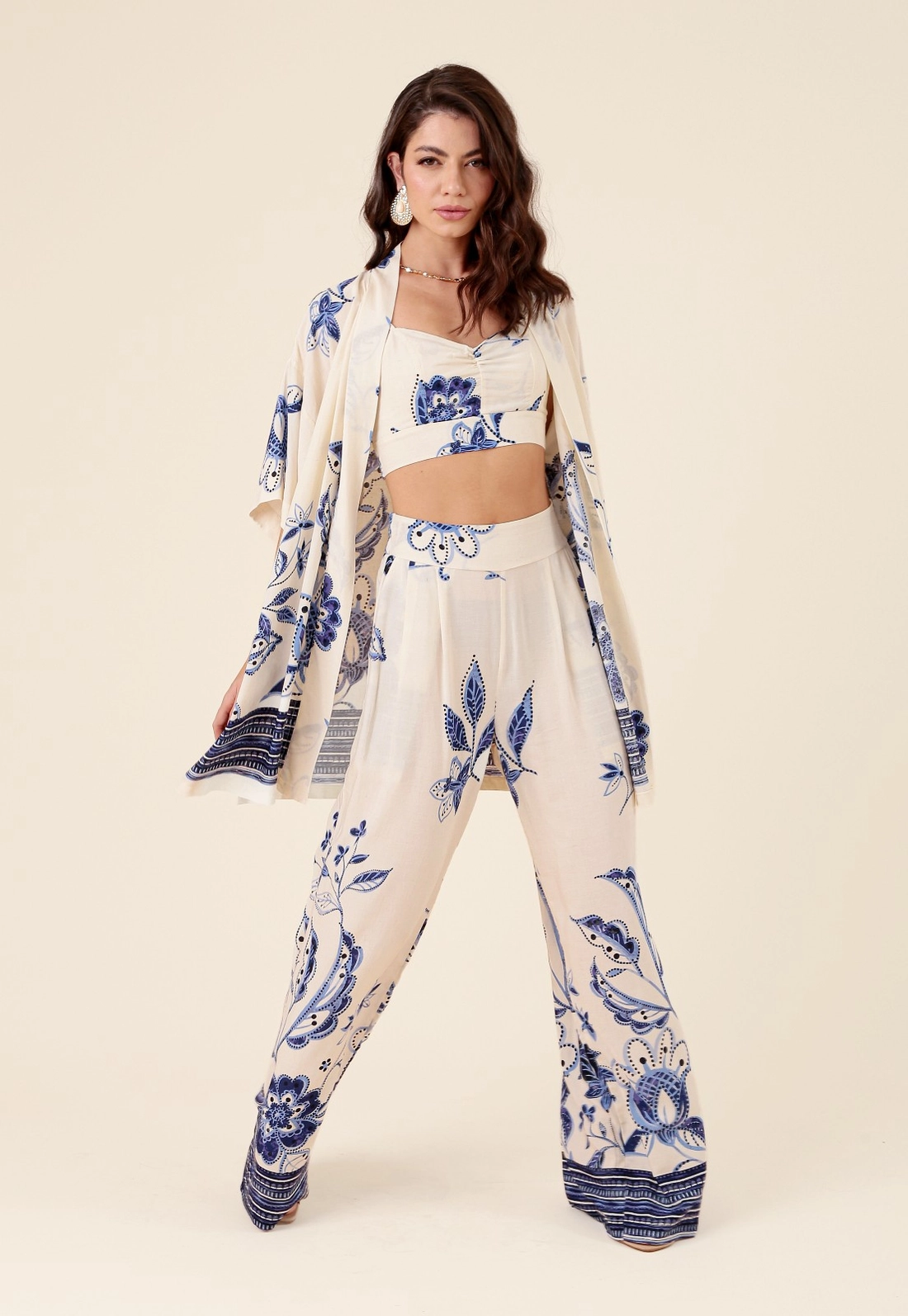 Calça Wide Leg Em Viscose Jardim Azul