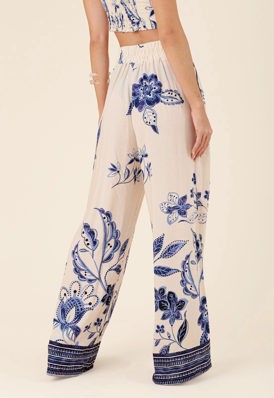 Calça Wide Leg Em Viscose Jardim Azul