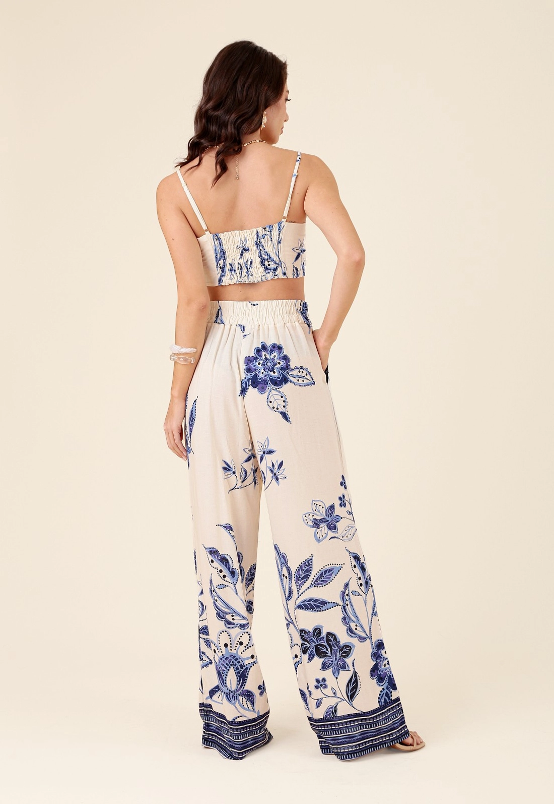 Calça Wide Leg Em Viscose Jardim Azul
