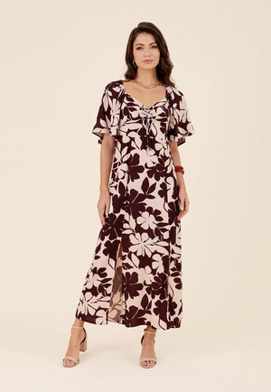 Vestido Midi Em Viscose Manga Curta Com Puxador Jardim Terra