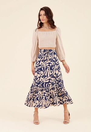 Saia Midi Em Viscose Com Babados Ladrilho Azul