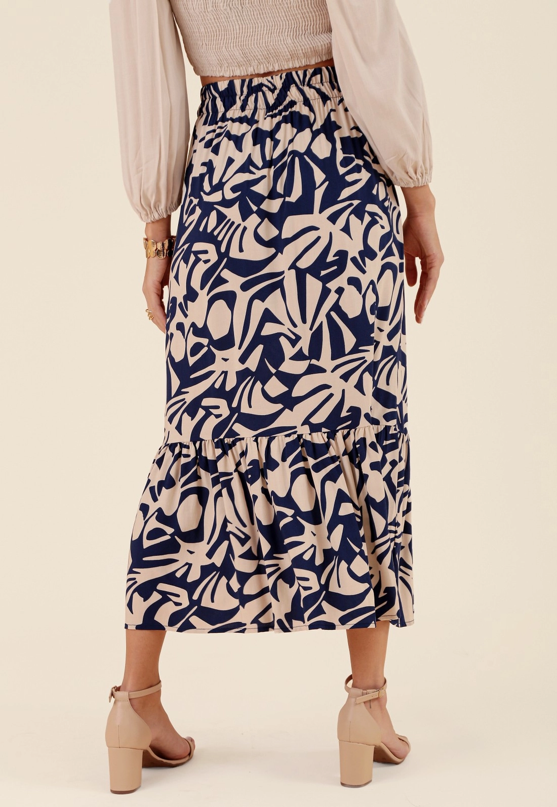 Saia Midi Em Viscose Com Babados Ladrilho Azul