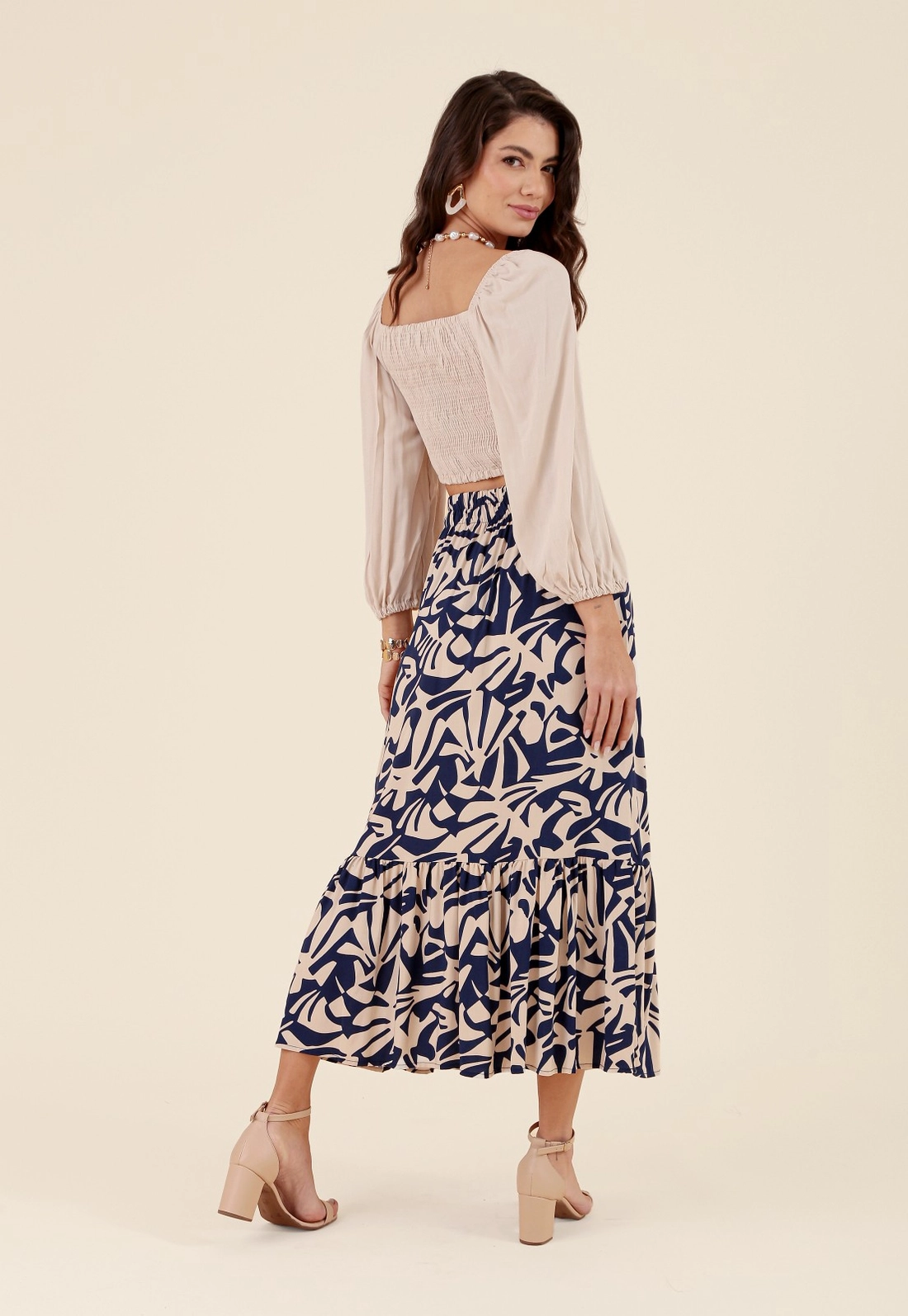 Saia Midi Em Viscose Com Babados Ladrilho Azul