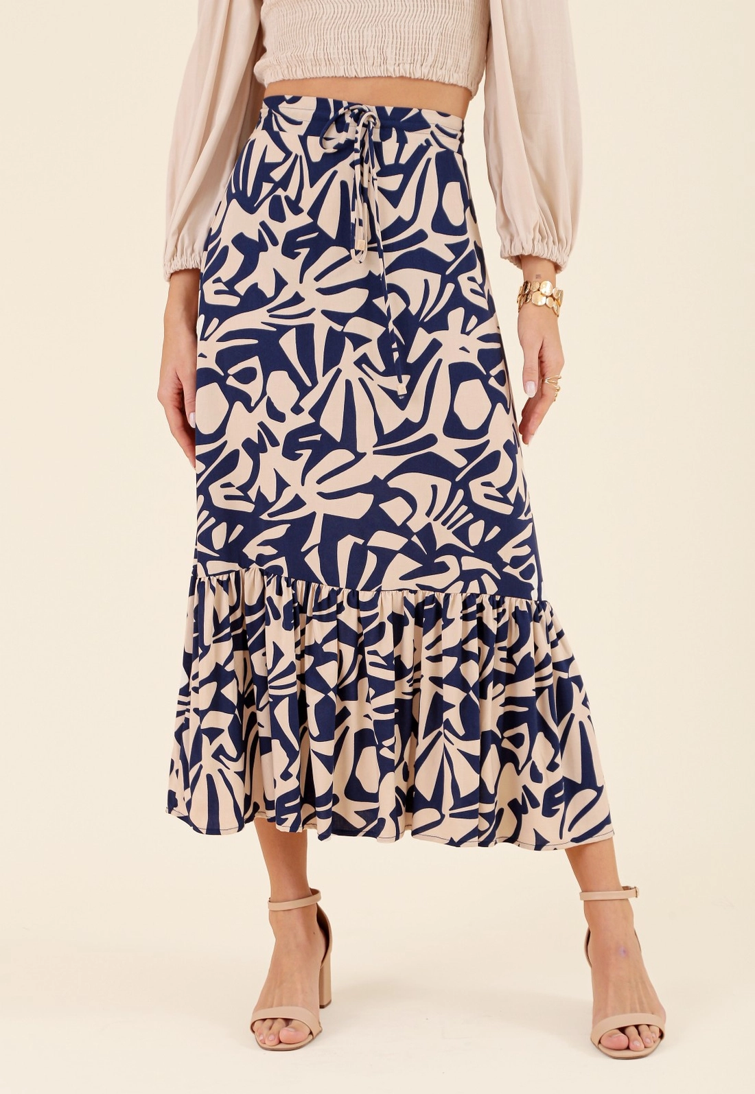 Saia Midi Em Viscose Com Babados Ladrilho Azul