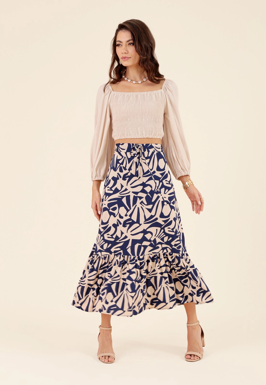 Saia Midi Em Viscose Com Babados Ladrilho Azul