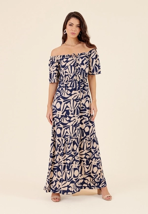 Vestido Longo Em Viscose Manga Curta Ladrilho Azul