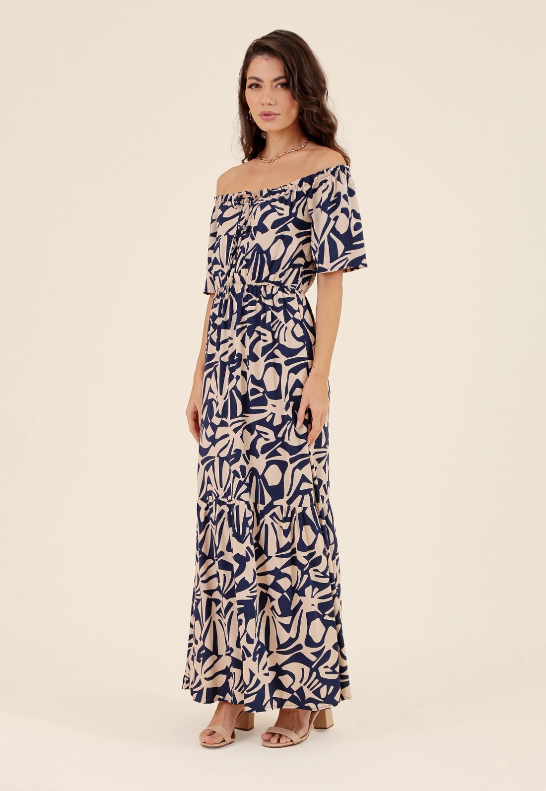 Vestido Longo Em Viscose Manga Curta Ladrilho Azul