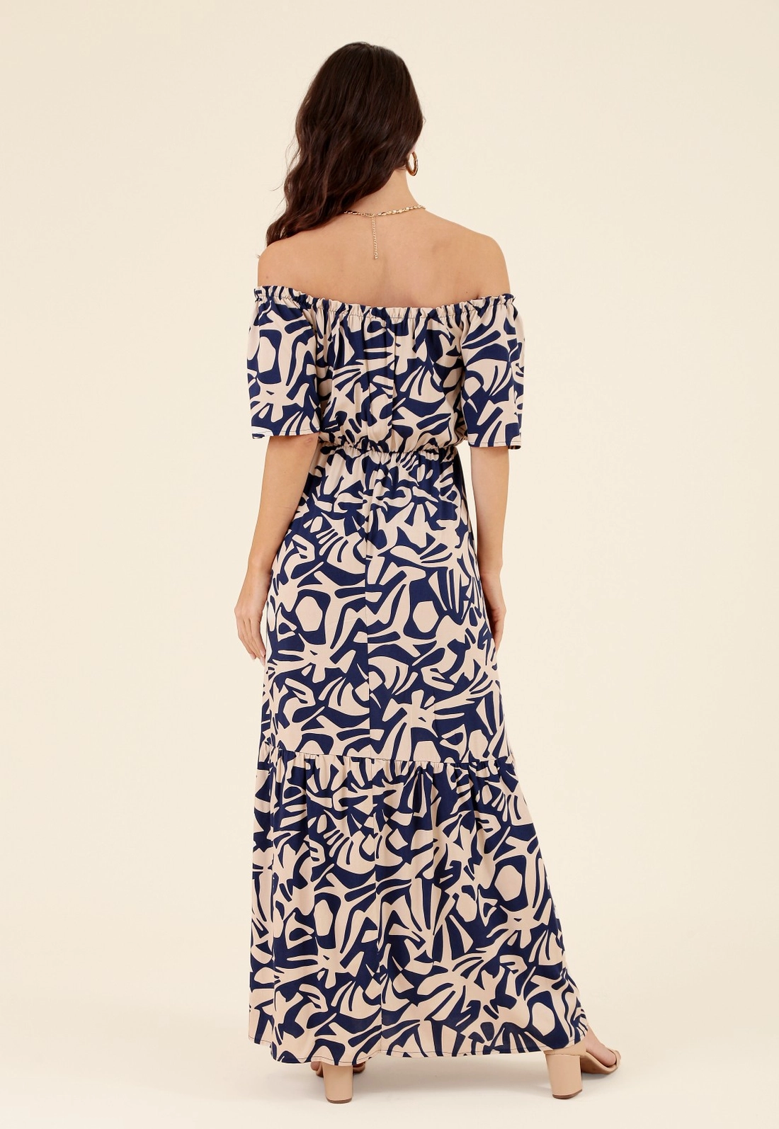Vestido Longo Em Viscose Manga Curta Ladrilho Azul
