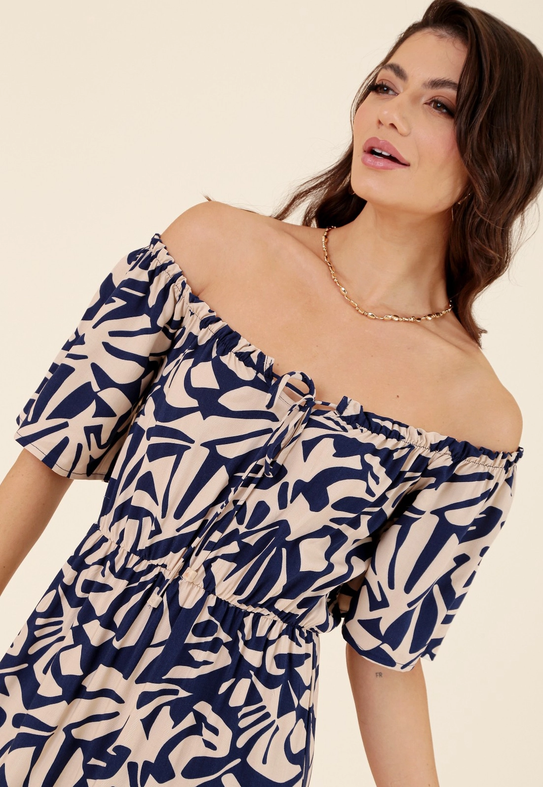 Vestido Longo Em Viscose Manga Curta Ladrilho Azul