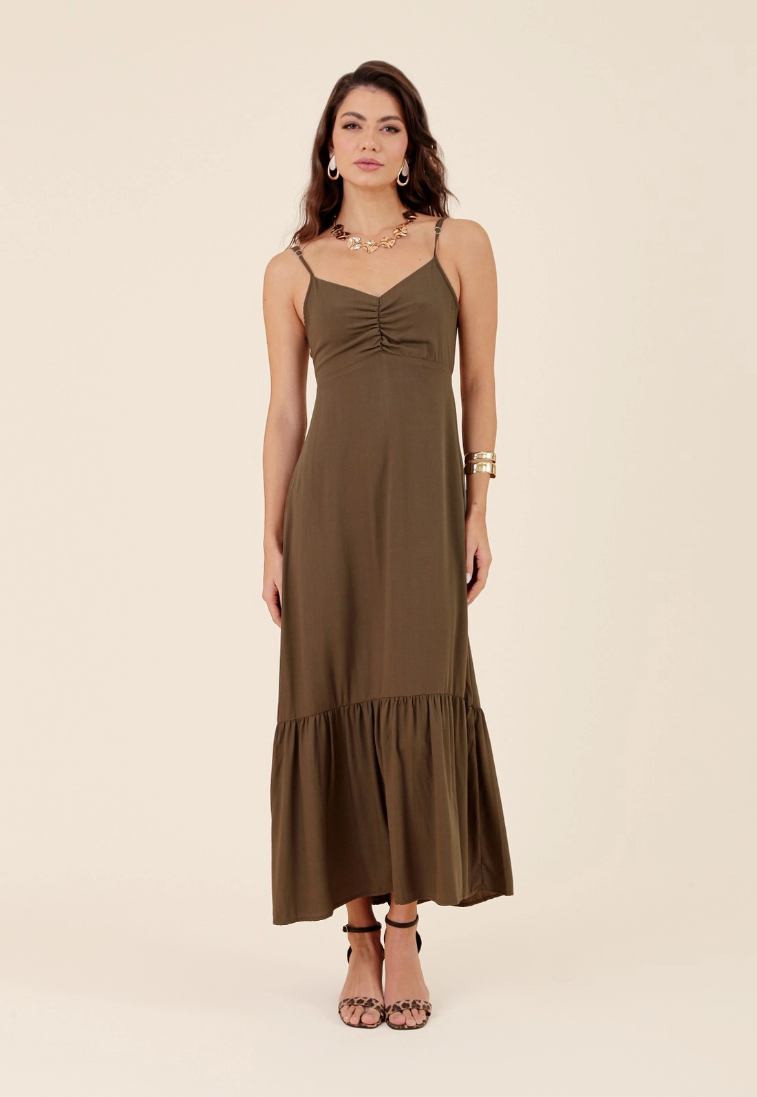 Vestido New Midi Em Viscose Alça Busto Franzido