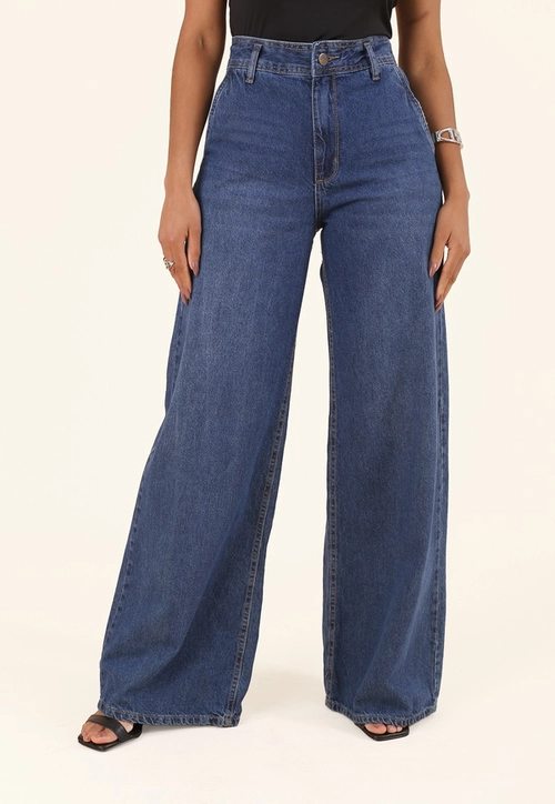 Calça Jeans Wide Leg Azul Escuro Bolso Faca
