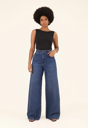 Calça Jeans Wide Leg Azul Escuro Bolso Faca