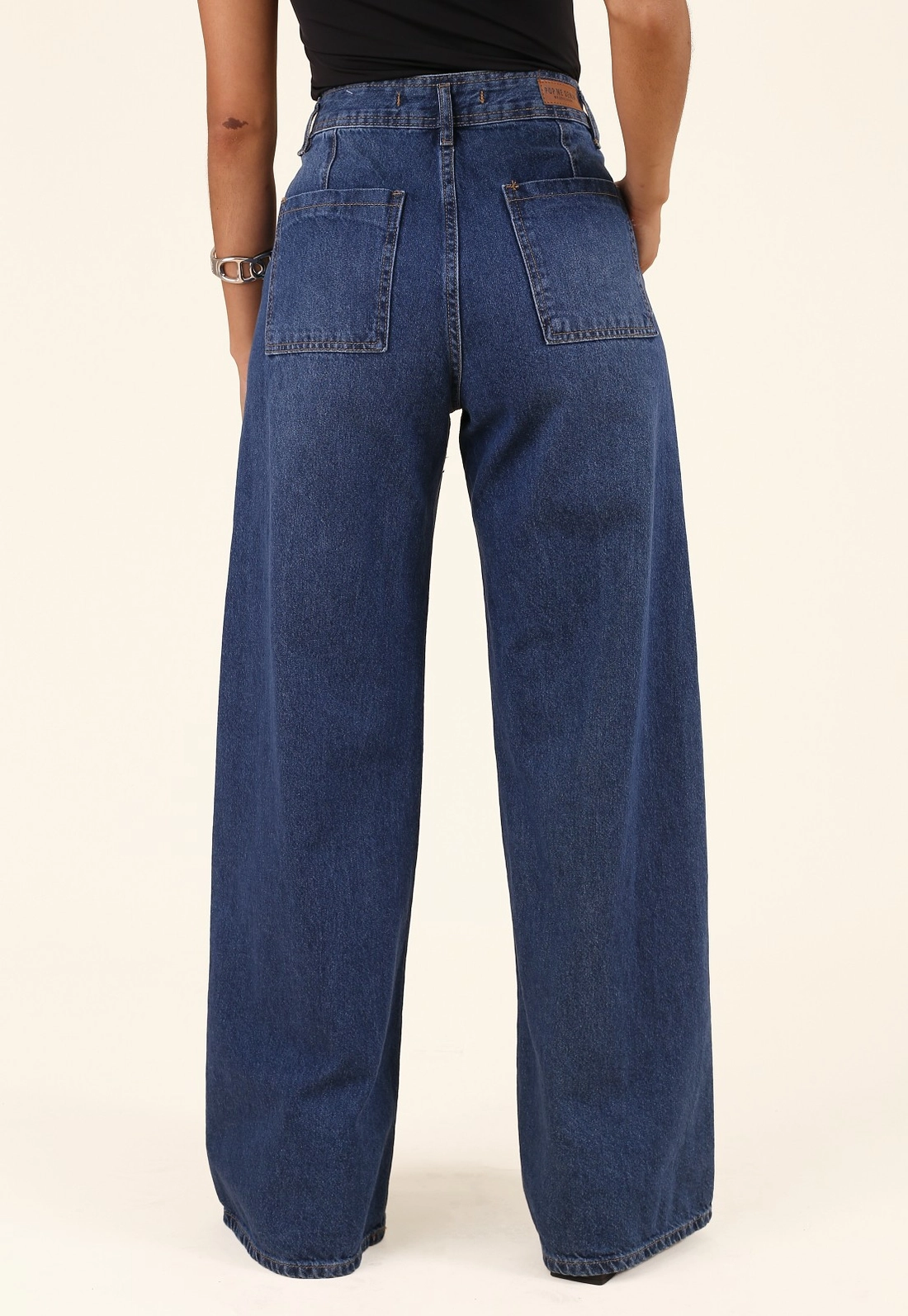 Calça Jeans Wide Leg Azul Escuro Bolso Faca