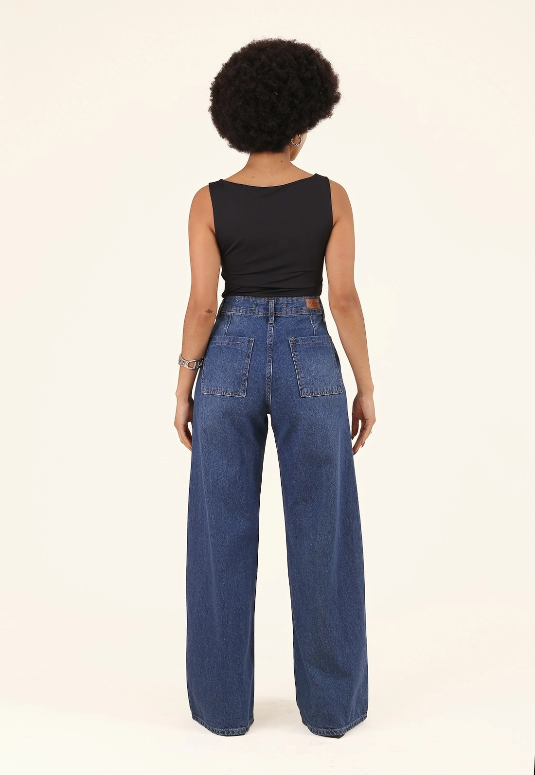 Calça Jeans Wide Leg Azul Escuro Bolso Faca