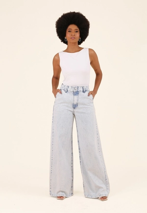 Calça Jeans Wide Leg Bolso Faca Azul Delavê - POP ME | Fashion