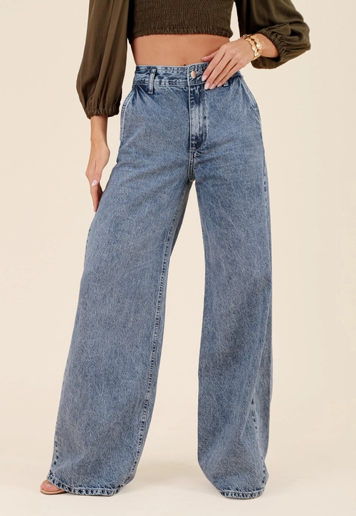 Calça Wide Leg Jeans Bolso Faca Azul Claro