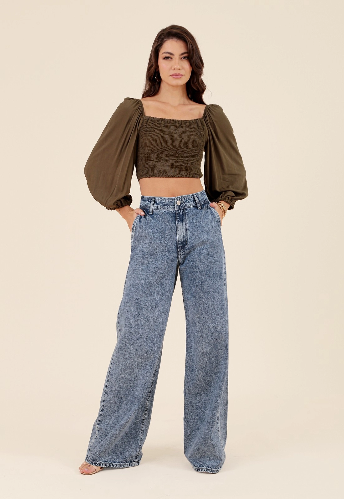 Calça Wide Leg Jeans Bolso Faca Azul Claro